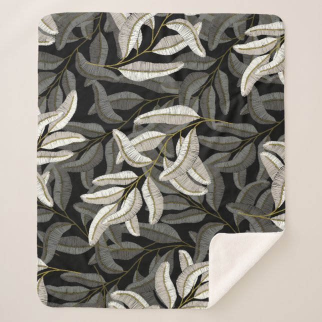 Embroidered branches: black-white print. sherpa blanket (Front)