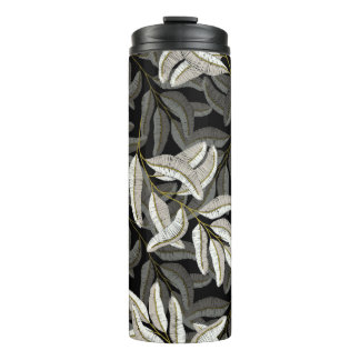 Embroidered branches: black-white print. thermal tumbler