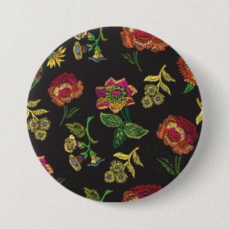 embroidered brooch with flowers on a black backgro 7.5 cm round badge