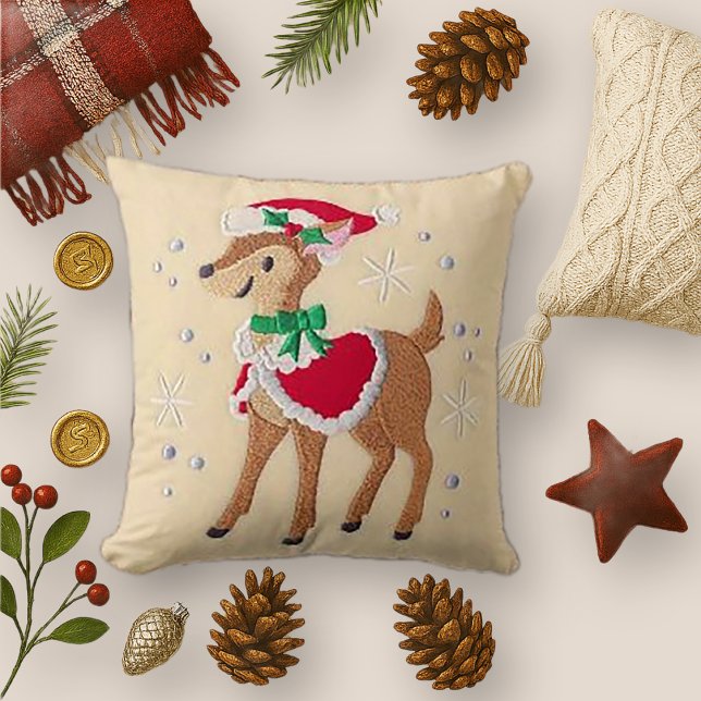 Embroidered Christmas Reindeer with Santa Hat Cushion (Creator Uploaded)