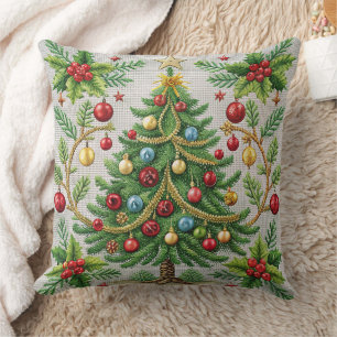 Embroidered Christmas Throw Pillow Festive Holidy