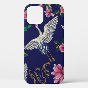 Embroidered cranes and flowers, vintage seamless p iPhone 12 case