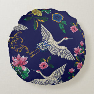 Embroidered cranes and flowers, vintage seamless p round cushion