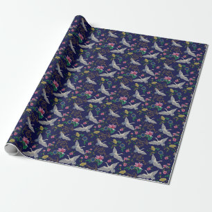 Embroidered cranes and flowers, vintage seamless p wrapping paper