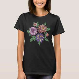 Embroidered Dahlia Flowers T-Shirt