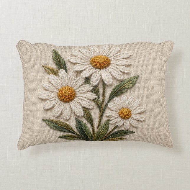 Embroidered Daisy Bloom Decorative Cushion (Front)