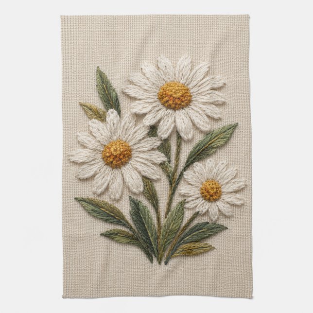 Embroidered Daisy Bloom Tea Towel (Vertical)
