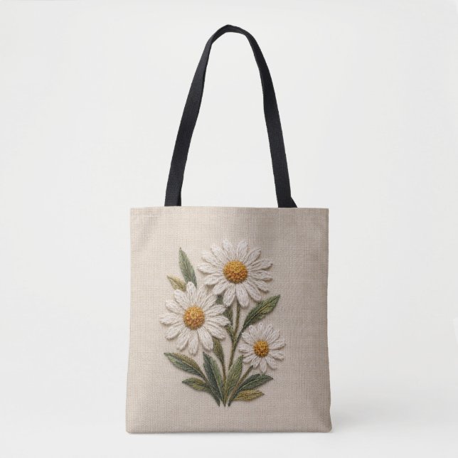 Embroidered Daisy Bloom Tote Bag (Front)