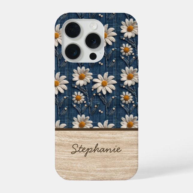 Embroidered Daisy Denim Phone Case with Name (Back)