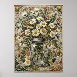 Embroidered Daisy Mason Jar Tapestry Art Poster