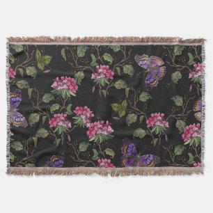 Embroidered Datura Flowers: Botanical Art Throw Blanket