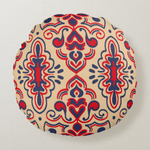 Embroidered Elegance: Ikat Fabric Pattern Round Cushion
