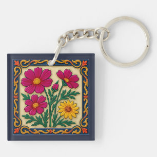 Embroidered Floral Folk Art Key Ring