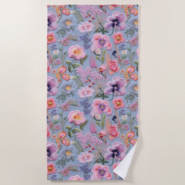 Embroidered Floral Seamless Pattern Beach Towel (Front)