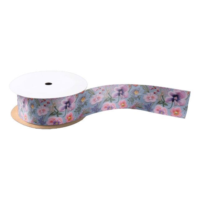 Embroidered Floral Seamless Pattern Satin Ribbon (Spool)