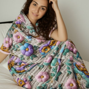 Embroidered Floral Style   Plush & Cosy Sherpa Blanket