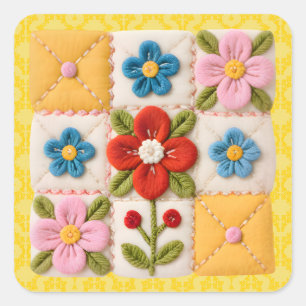 Embroidered Flower Patchwork Quilt Square Sticker