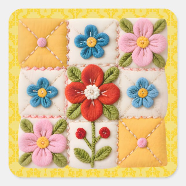 Embroidered Flower Patchwork Quilt Square Sticker (Front)