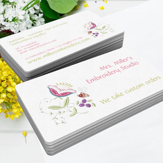 Embroidered Flowers Bee Embroidery Floral Pattern Business Card (Creator Uploaded)