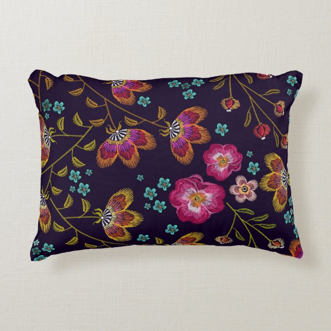 Embroidered flowers: fashion seamless pattern decorative cushion (Front)