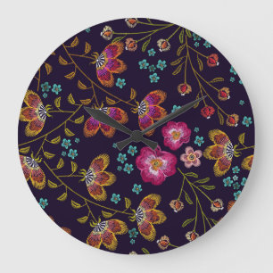 Embroidered flowers: fashion seamless pattern large clock