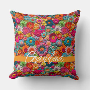 Embroidered Flowers GRANDMA Name Colourful Fun Cushion