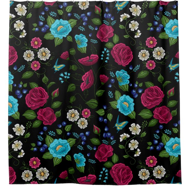 Embroidered Folk Style Pink Blue Floral Black Shower Curtain (Front)