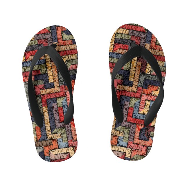 Embroidered geometric, ethnic texture kid's jandals (Footbed)