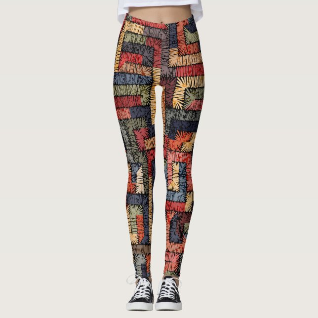 Embroidered geometric, ethnic texture leggings (Front)