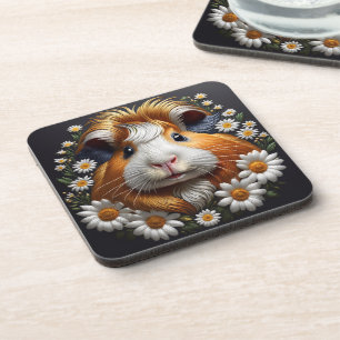 Embroidered Guinea Pig with Daisies Coaster