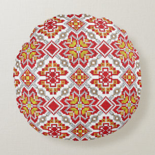 Embroidered handmade cross-stitch ethnic Ukraine p Round Cushion