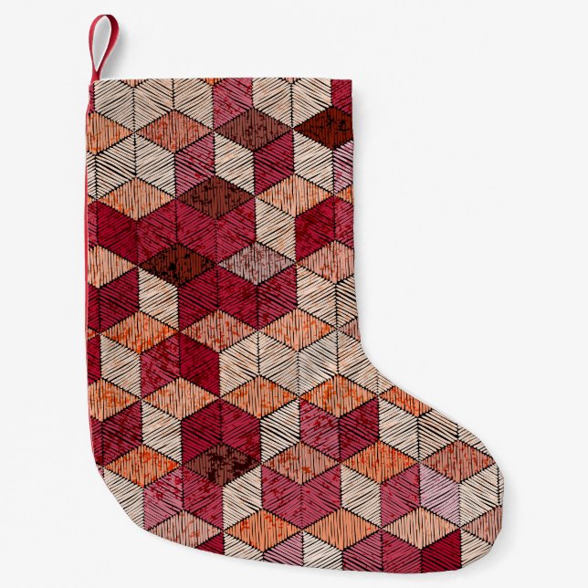 Embroidered Hexagons: Bohemian Patchwork Print. Small Christmas Stocking (Front)