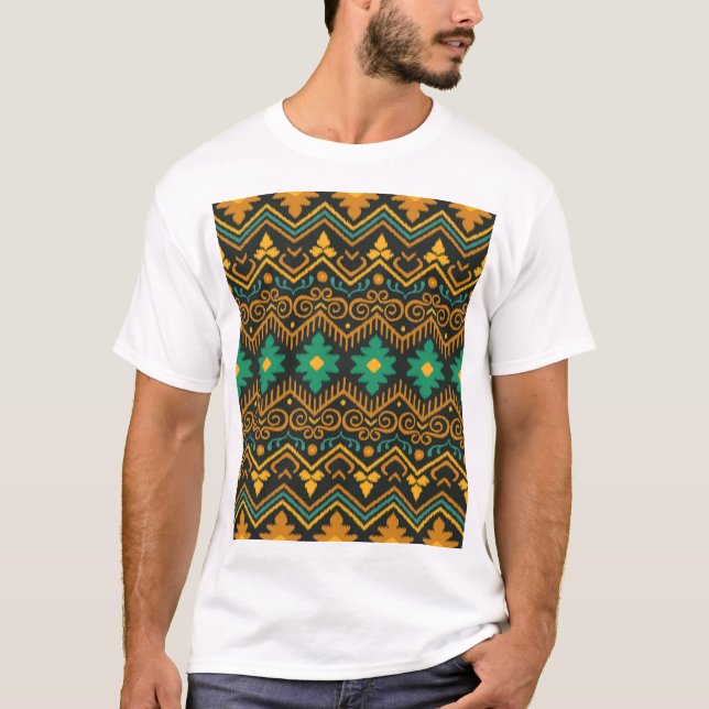 Embroidered Ikat Fabric Ethnic Design T-Shirt (Front)