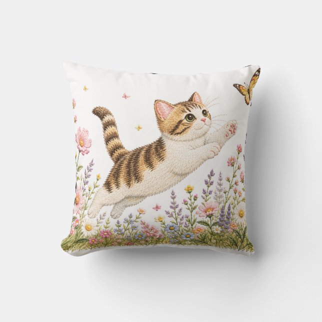 Embroidered Kitten Chasing Butterfly in Wildflower Cushion (Front)