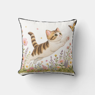 Embroidered Kitten Chasing Butterfly in Wildflower Cushion