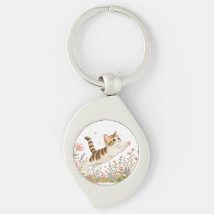 Embroidered Kitten Chasing Butterfly in Wildflower Key Ring