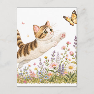 Embroidered Kitten Chasing Butterfly in Wildflower Postcard
