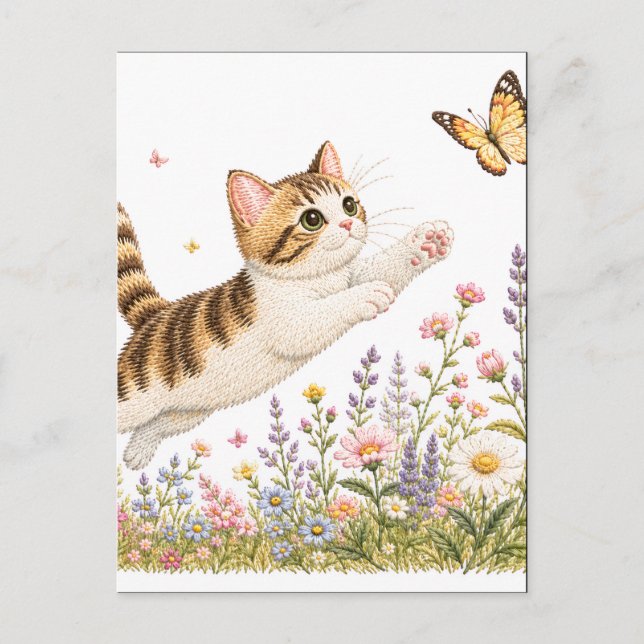 Embroidered Kitten Chasing Butterfly in Wildflower Postcard (Front)
