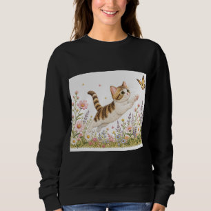 Embroidered Kitten Chasing Butterfly in Wildflower Sweatshirt