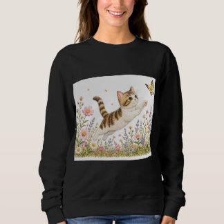 Embroidered Kitten Chasing Butterfly in Wildflower Sweatshirt