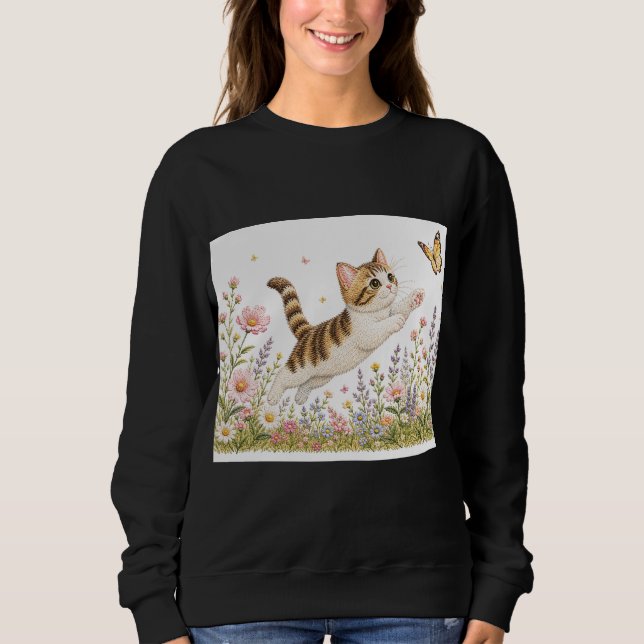 Embroidered Kitten Chasing Butterfly in Wildflower Sweatshirt (Front)