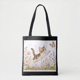Embroidered Kitten Chasing Butterfly in Wildflower Tote Bag