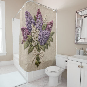 Embroidered Lilac Bouquet – Faux Embroidery Linen Shower Curtain