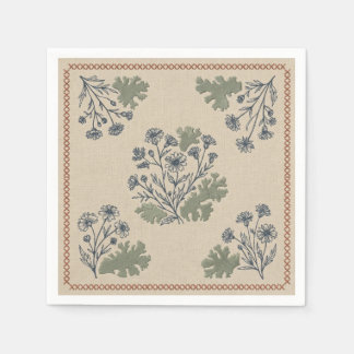 Embroidered Linen Folk Floral Navy Rust Napkin