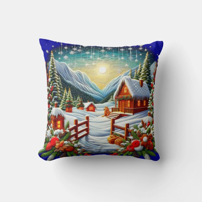 Embroidered Look Outdoor Winter Christmas Scene Cushion (Front)