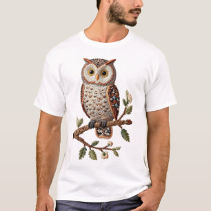 Embroidered Owl on Branch Rustic Nature Art Design T-Shirt
