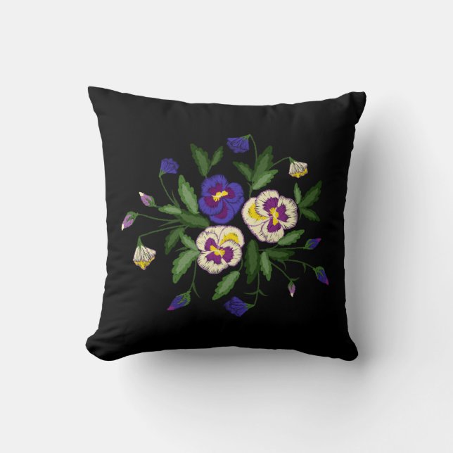 Embroidered Pansies Purple Blue White Bouquet Cushion (Front)