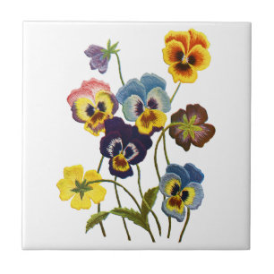 Embroidered Parade of Pansies Tile