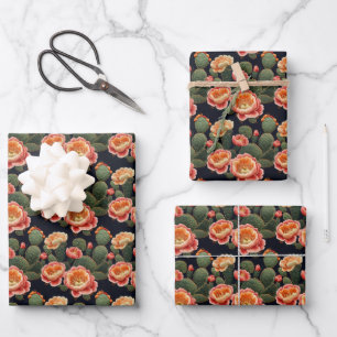 Embroidered Pink Blooming Cactus on Black Wrapping Paper Sheet