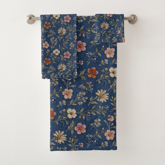 Embroidered plain wildflowers on denim background bath towel set (Insitu)